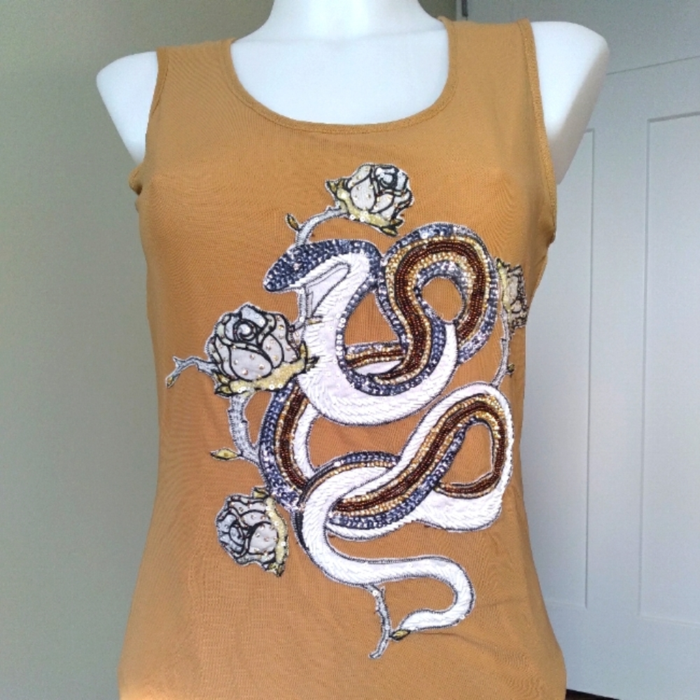 Cool Vintage Hand Beaded Snake And Rose Sleeveless Top by CHRISTINE PILLIPE